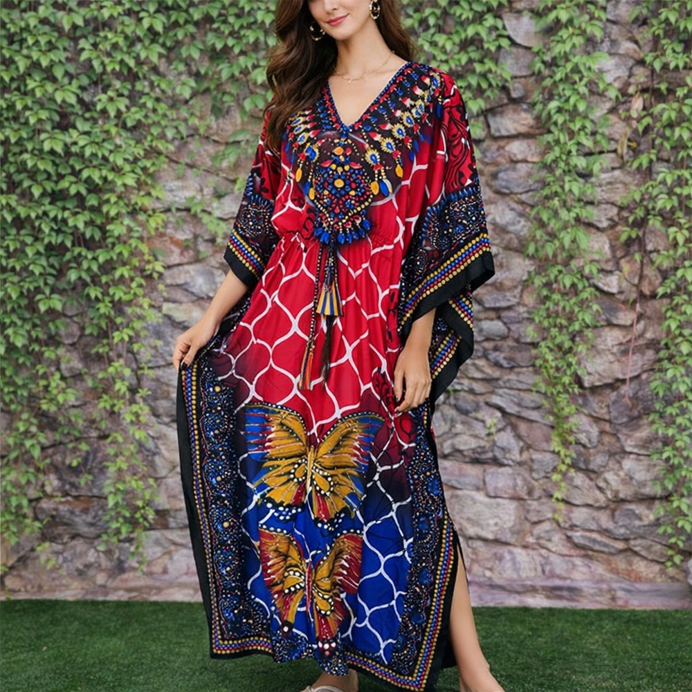 TRUE ROCK Red and Blue Maxi Length Caftan, One Size